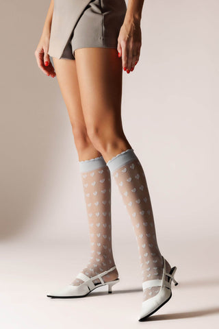 Sosete lungi din plasa marunta, model cu inimioare LOVEPRINT - Laura Baldini